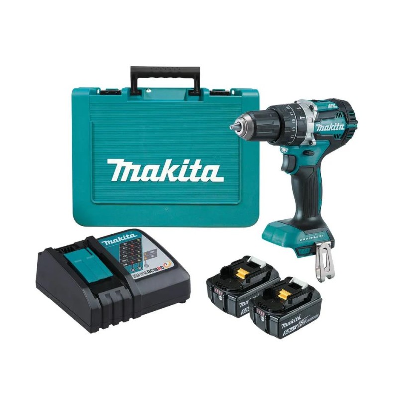 Kit combo taladro percutor (DHP484) +2 baterias 5Ah 18V (BL1850B) + cargador rapido (DC18RC). DHP484RTE. Makita