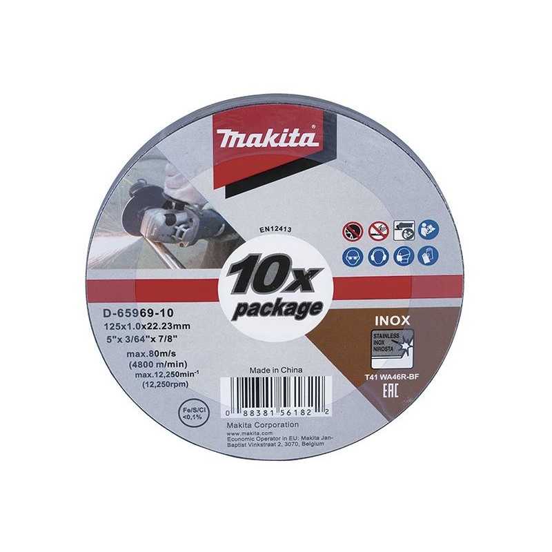 Discos de corte de acero inox. 125x1,0x22 (10 pcs). D-65969-10. Makita